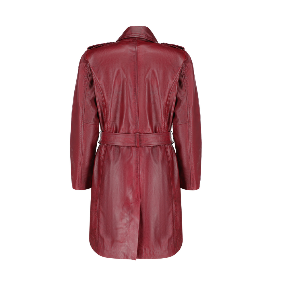 Coral red belted leather coat