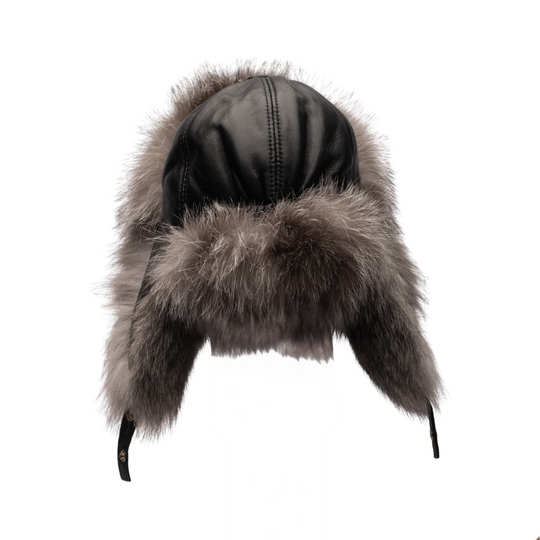 Silver fox fur and leather Aviator hat