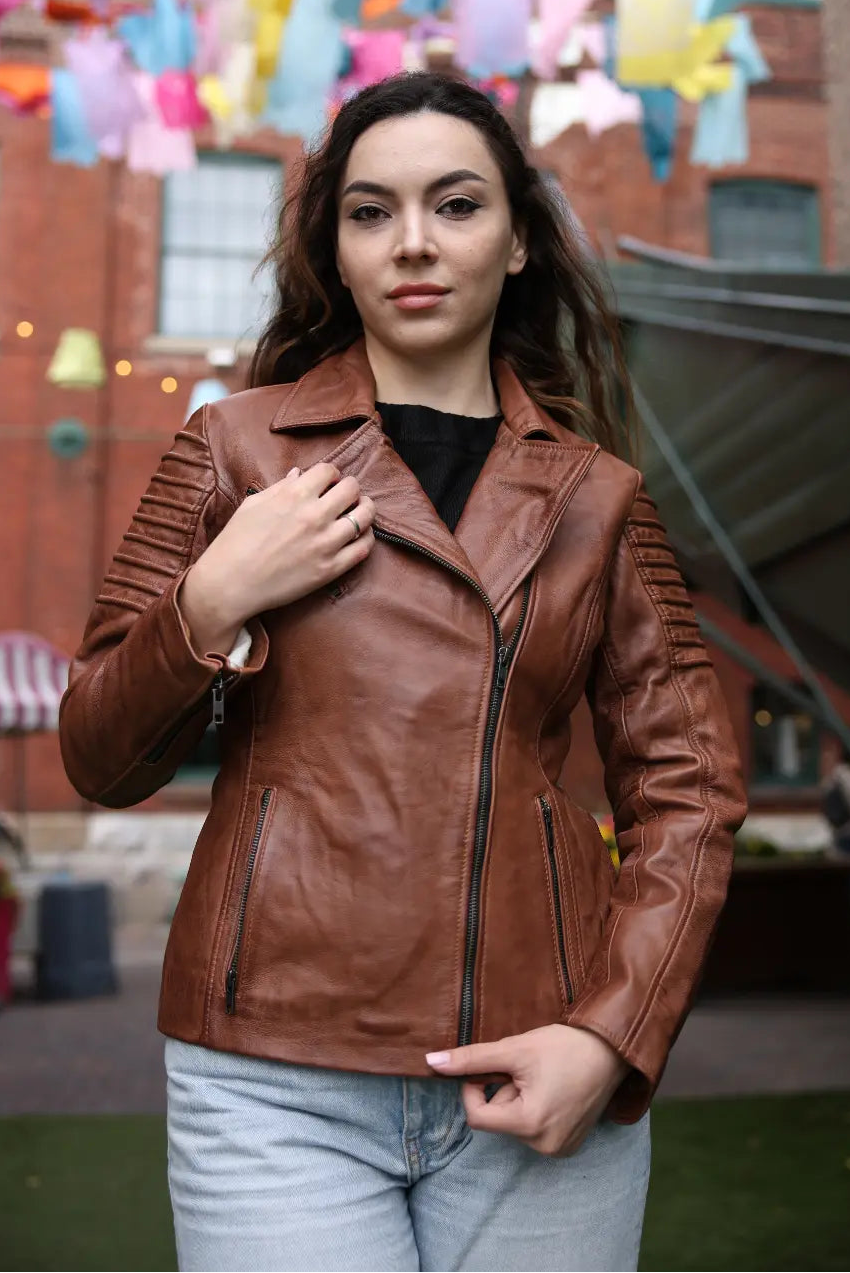 Women's distressed biker leather jacket with piping