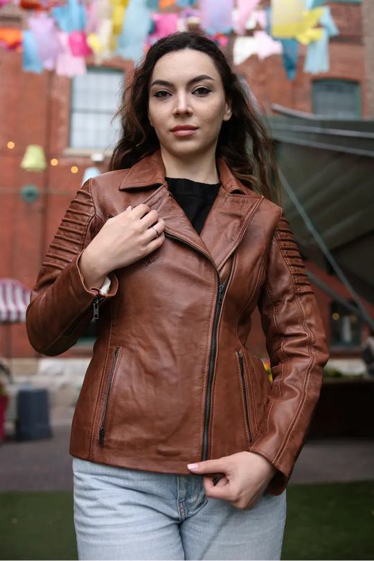 Women's distressed biker leather jacket with piping