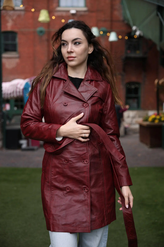 Coral red belted leather coat