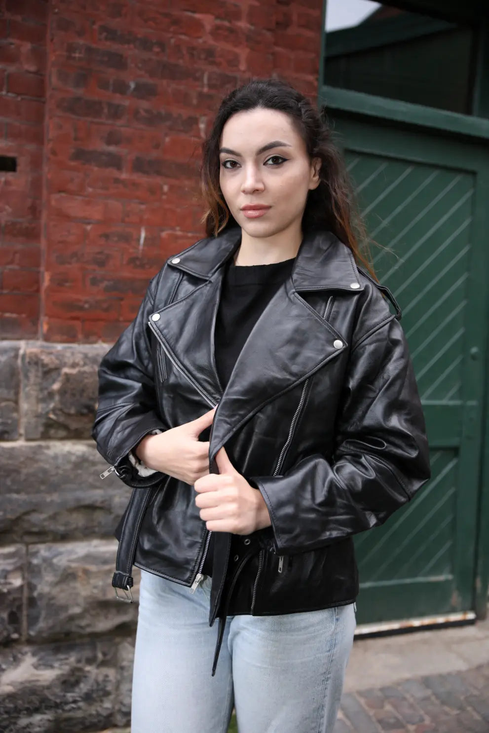 Zelora black oversized biker style jacket