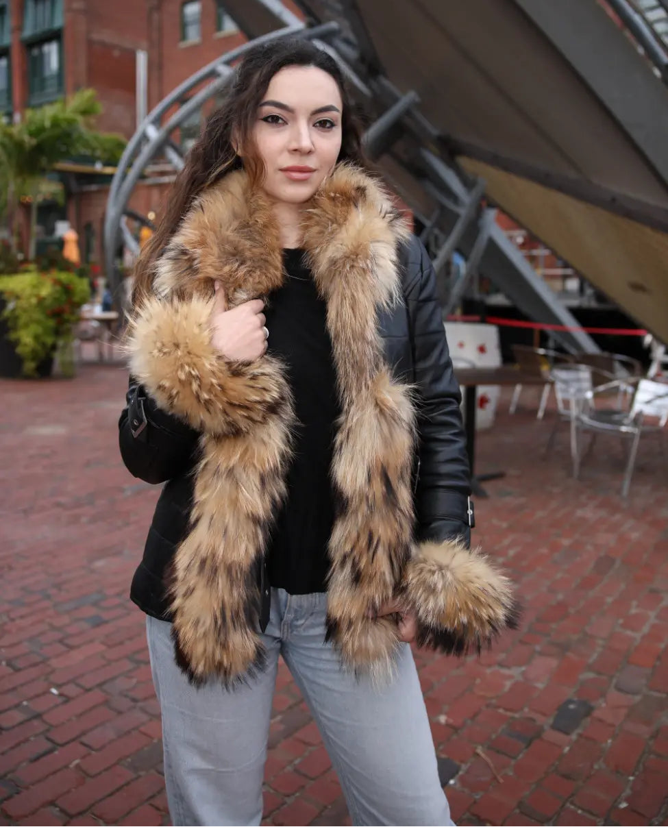 Jami black winter jacket with real fur trim