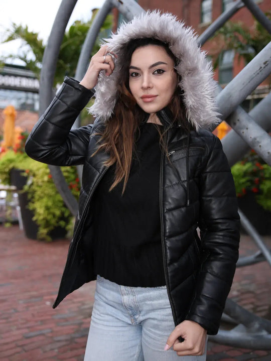 Snow’s Winter Puffer Leather Jacket With Fur Trimmed Hoodie