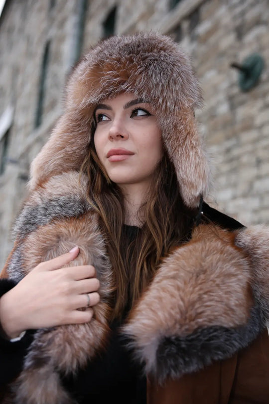 Fox fur and leather Aviator hat