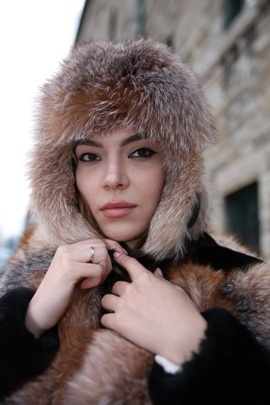 Fox fur and leather Aviator hat