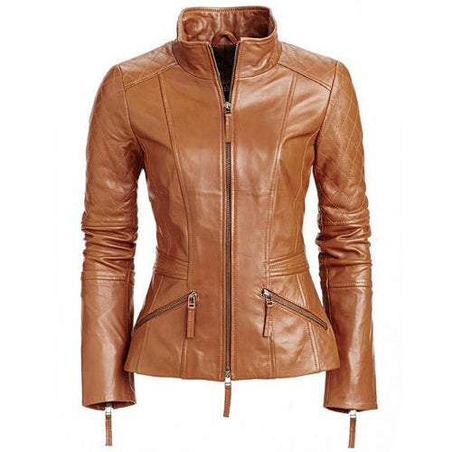 Stylish English tan leather jacket with quilted patches