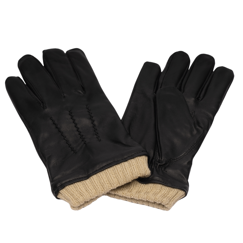 Men's black leather gloves with knit cuffs