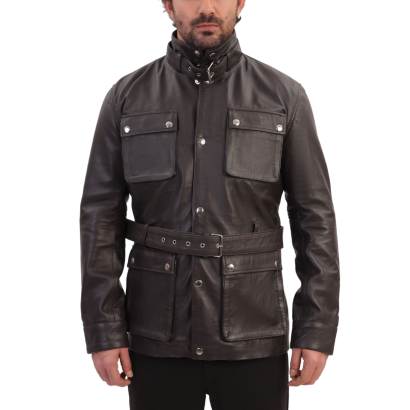 Parker Black Belted leather jacket with large pockets