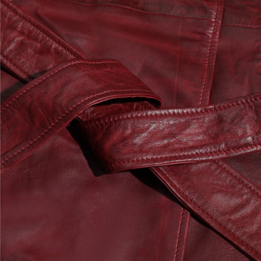Coral red belted leather coat