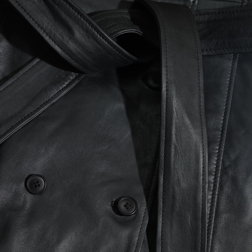 Coral black belted leather coat