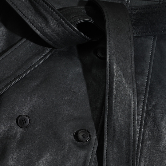 Coral black belted leather coat