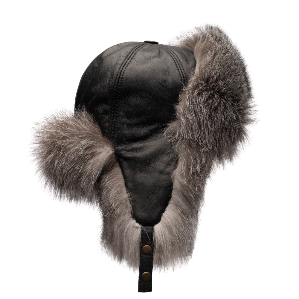 Silver fox fur and leather Aviator hat