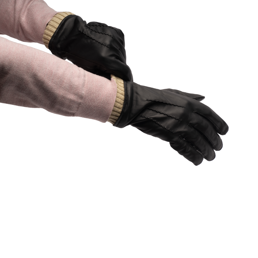 Men's black leather gloves with knit cuffs