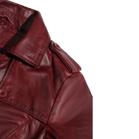 Coral red belted leather coat