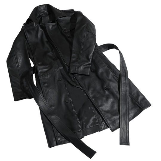 Coral black belted leather coat