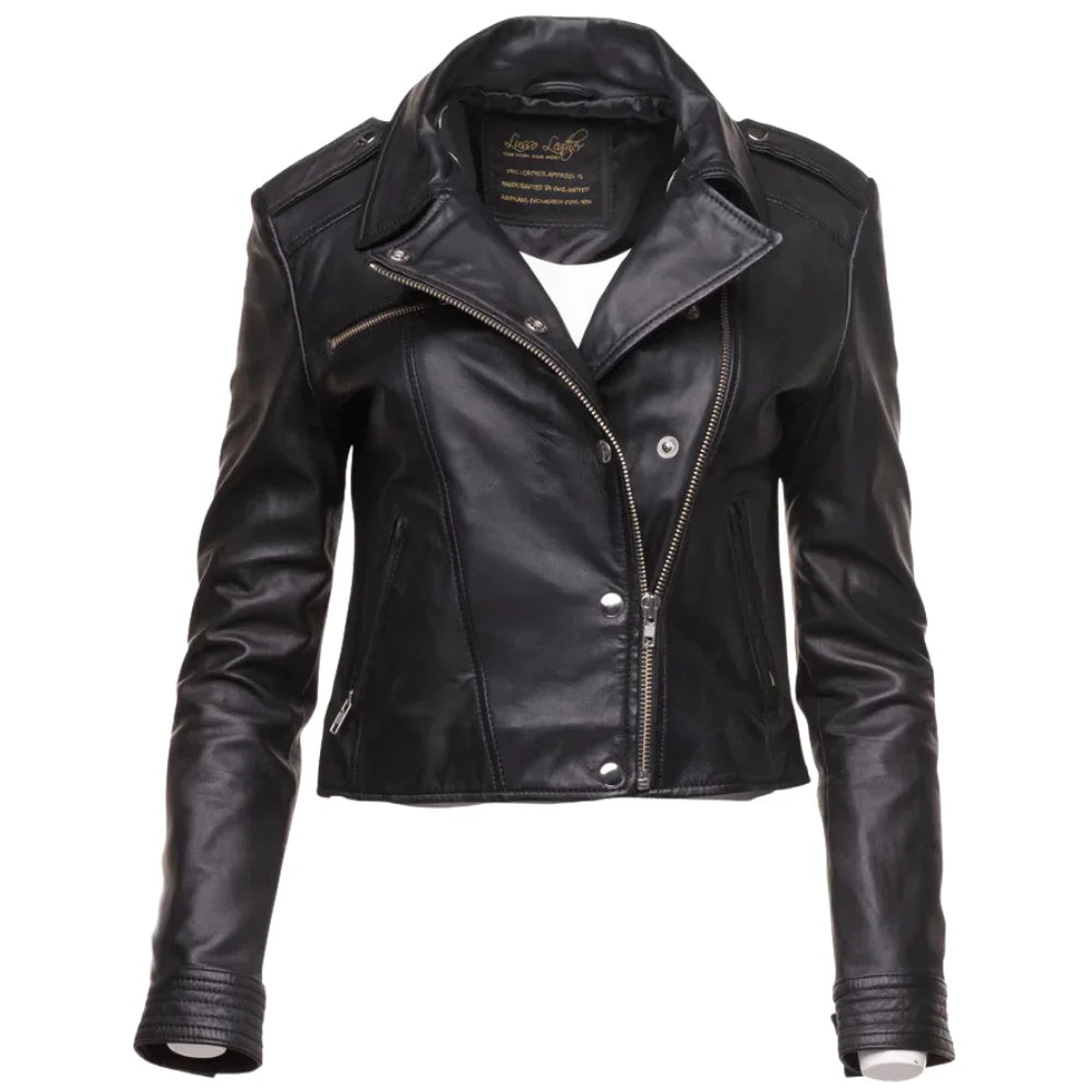 Front view of Aria black cropped leather jacket featuring silver snap button closure and structured collar.