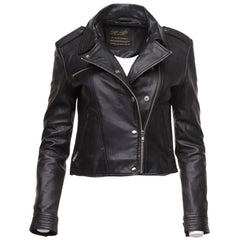 Front view of Aria black cropped leather jacket featuring silver snap button closure and structured collar.