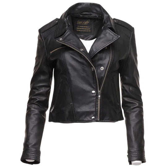 Front view of Aria black cropped leather jacket featuring silver snap button closure and structured collar.