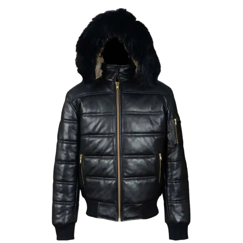 Full front view of the Ash black hooded leather puffer jacket featuring a streamlined silhouette, integrated leather hood, and zippered front.