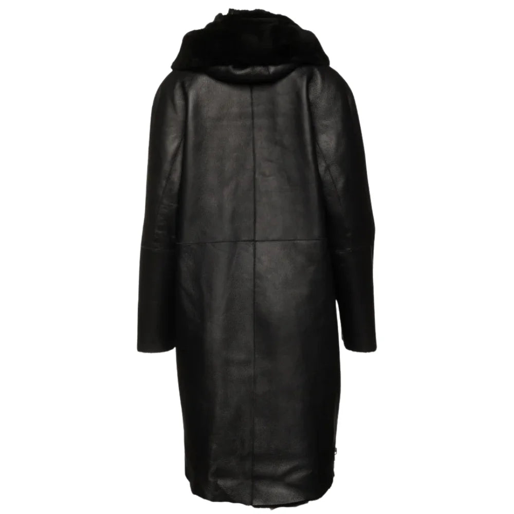 Back view of the Avalon Black oversized reversible sheepskin long coat, emphasizing its long, elegant length and stylish fit.