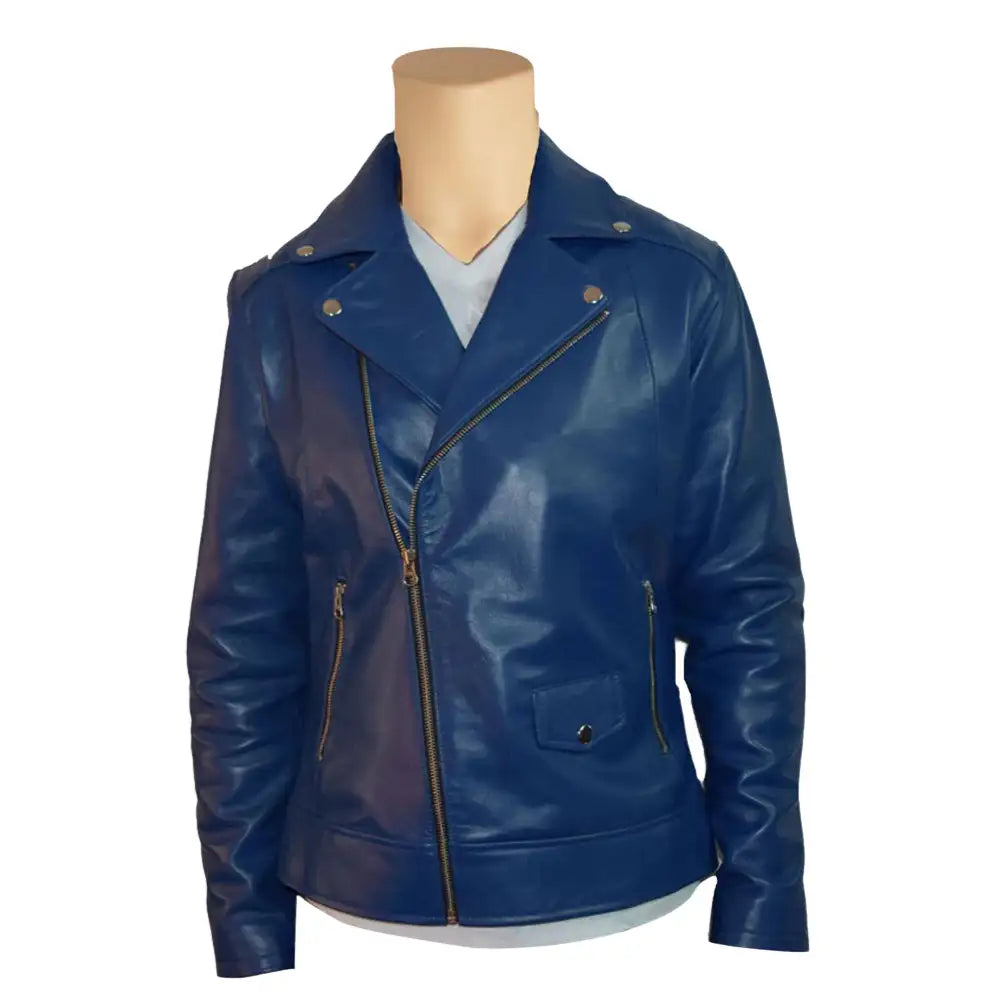 Front view of Blue Leather Biker Jacket with classic asymmetrical zipper