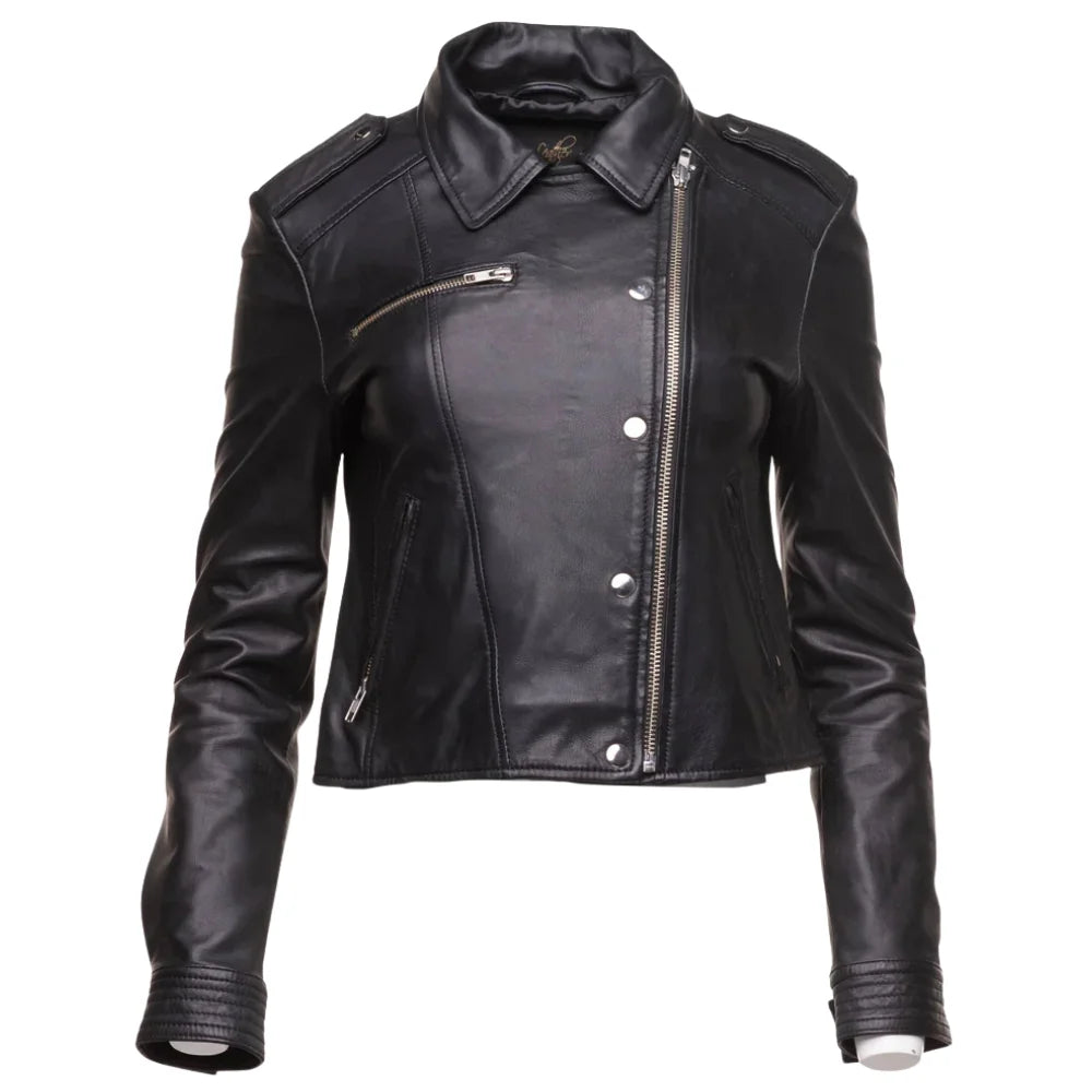 Model wearing the Aria black cropped leather jacket styled with high-waisted trousers for a modern look.