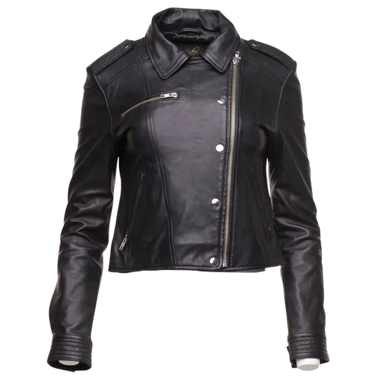 Model wearing the Aria black cropped leather jacket styled with high-waisted trousers for a modern look.