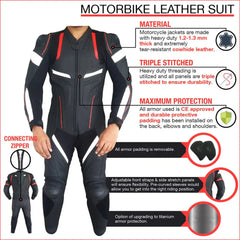 Custom Motorbike leather suit with features highlighted on a white background