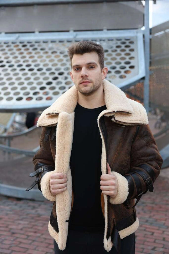 Richard's vintage Distressed brown Aviator Bomber shearling Jacket