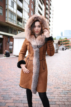 Chantal's Tan Shearling coat with large fox fur hoodie and trim