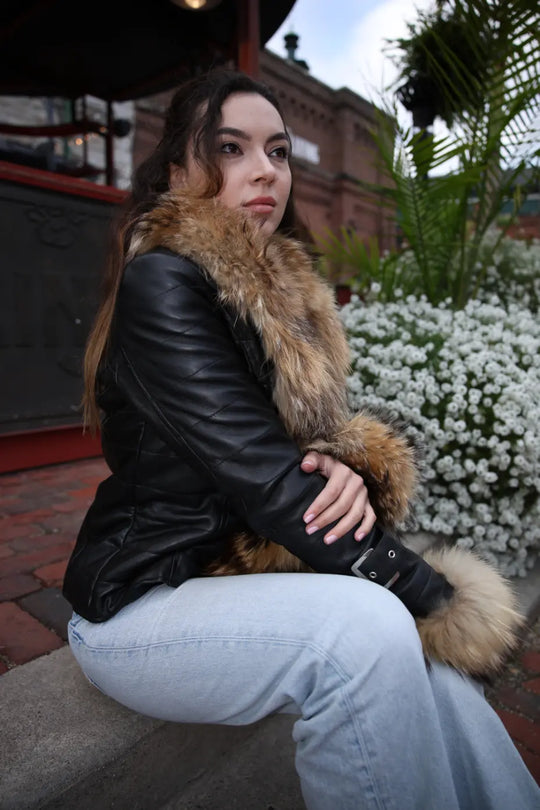 Jami black winter jacket with real fur trim