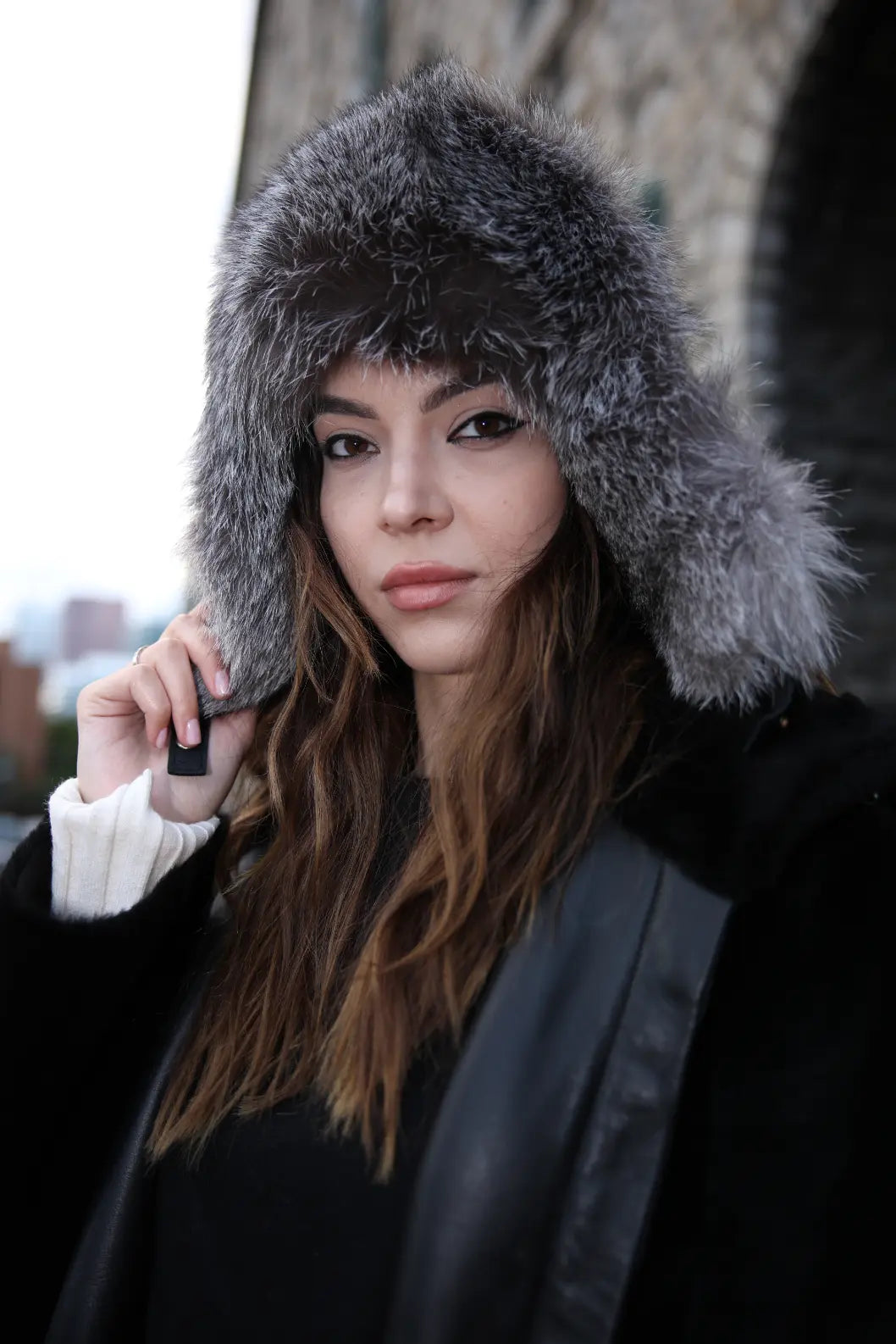 Silver fox fur and leather Aviator hat