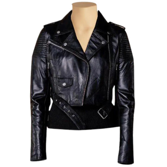 Front view of the Martyna black cropped biker leather jacket for women, featuring wide notched lapels, silver zippers, and an adjustable waist belt with a metal buckle.