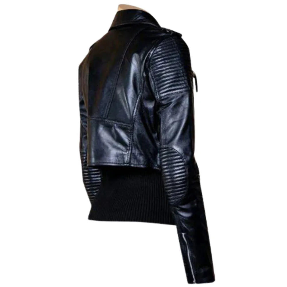 Back view of the Martyna women’s cropped leather jacket, highlighting the tailored biker silhouette, clean shoulder lines, and the wrap-around waist belt detail.