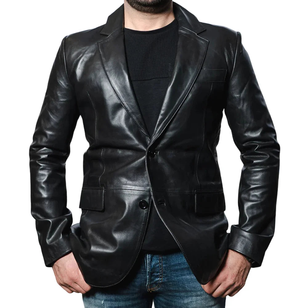 Close-up of the high-quality stitching and button details on the oversized black leather blazer, emphasizing craftsmanship.