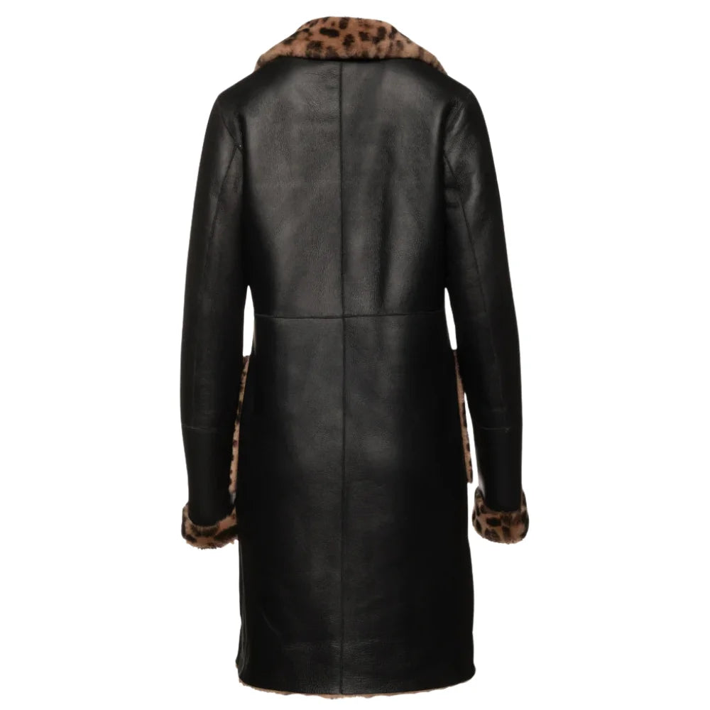 Back view of the Seraphina leopard print coat showing the oversized, draped silhouette and continuous pattern on high-quality leather.