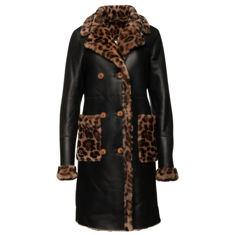 Full-length front view of the Seraphina oversized leather coat featuring a bold leopard print pattern and notched lapels.