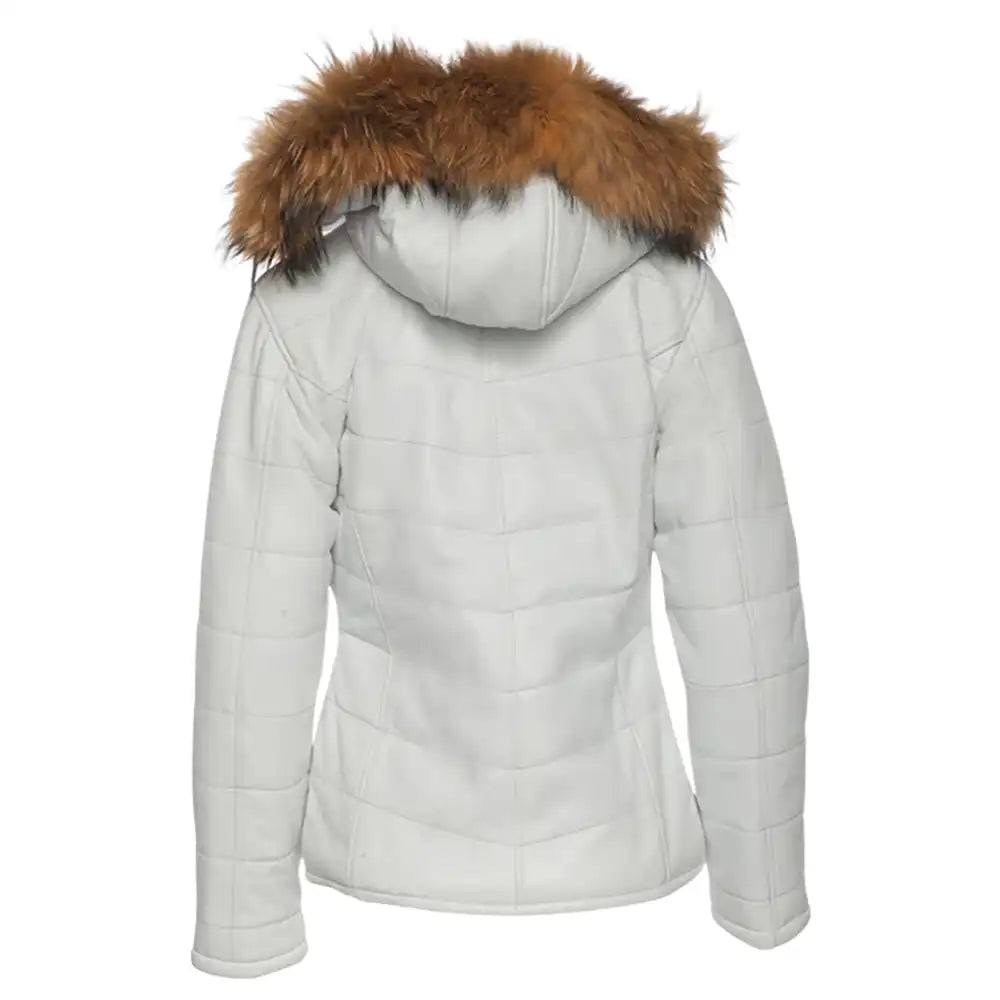Back view of the metallic leather puffer showing the luminous golden sheen across the shoulders and the voluminous quilted silhouette.