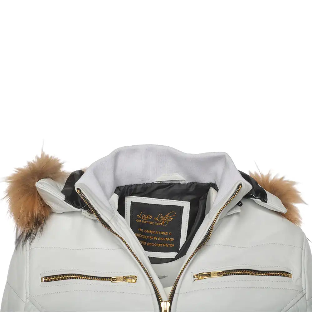 Front Collar Close-up of the Snowy White leather, highlighting the reflective golden metallic coating and the fine grain of the premium leather.