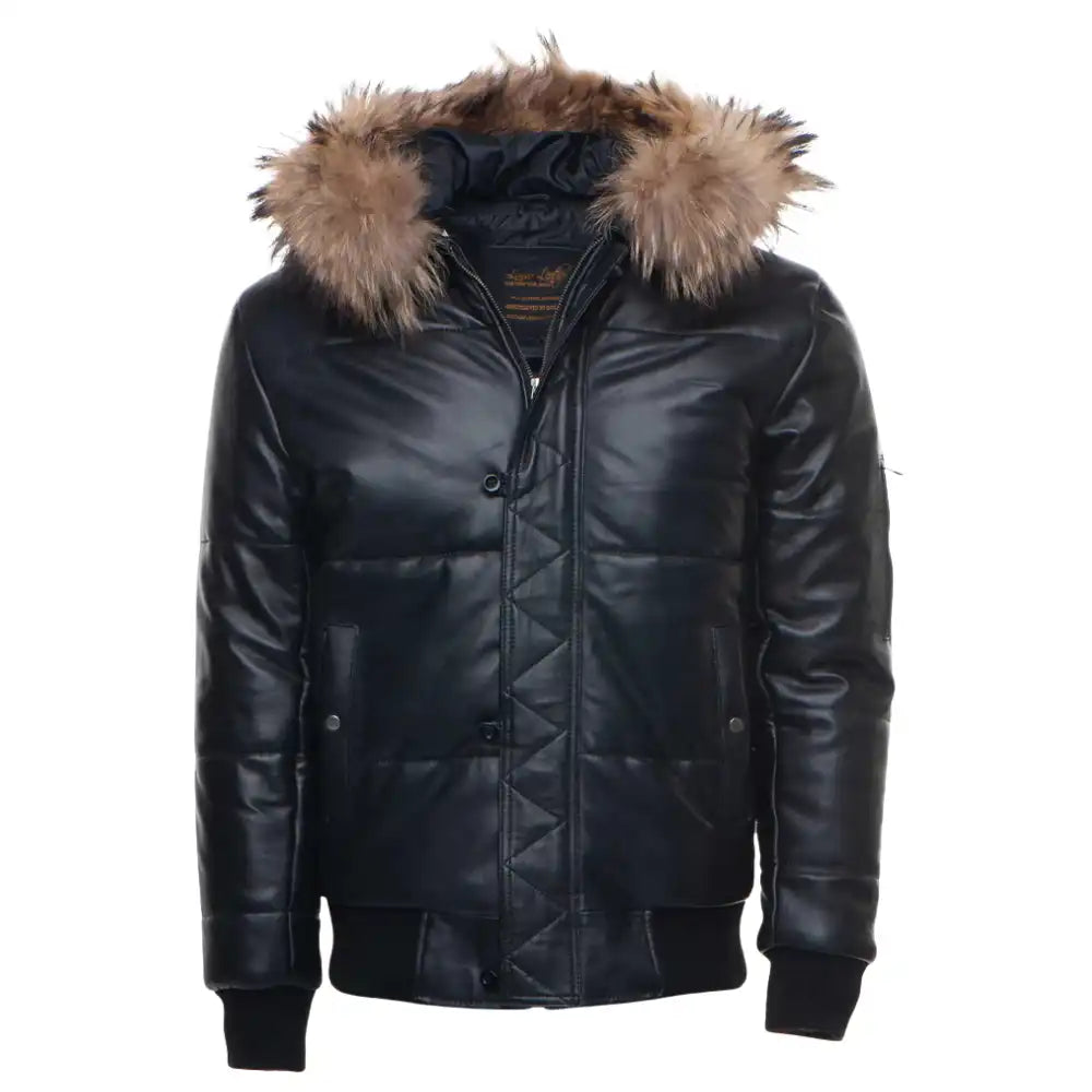 Close-up of the Traynor jacket’s hood, highlighting the soft, voluminous fur trim and the smooth leather texture of the crown.