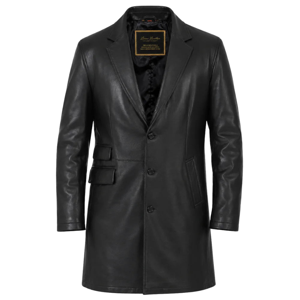 Black leather 3/4 length trench coat