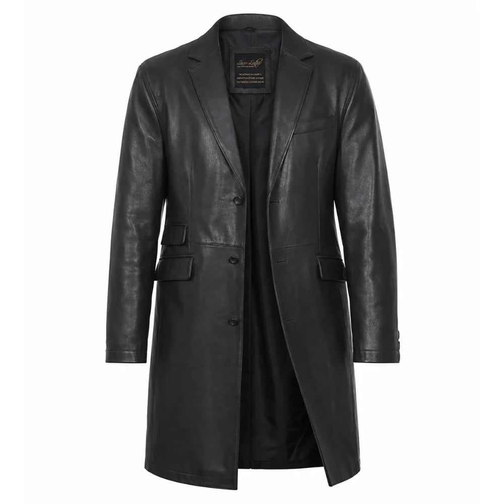 Black leather 3/4 length trench coat
