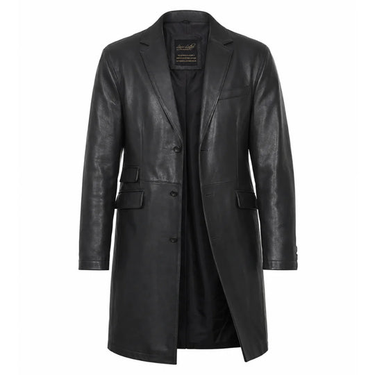 Black leather 3/4 length trench coat