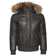 Castillo Brown winter leather jacket with hoodie