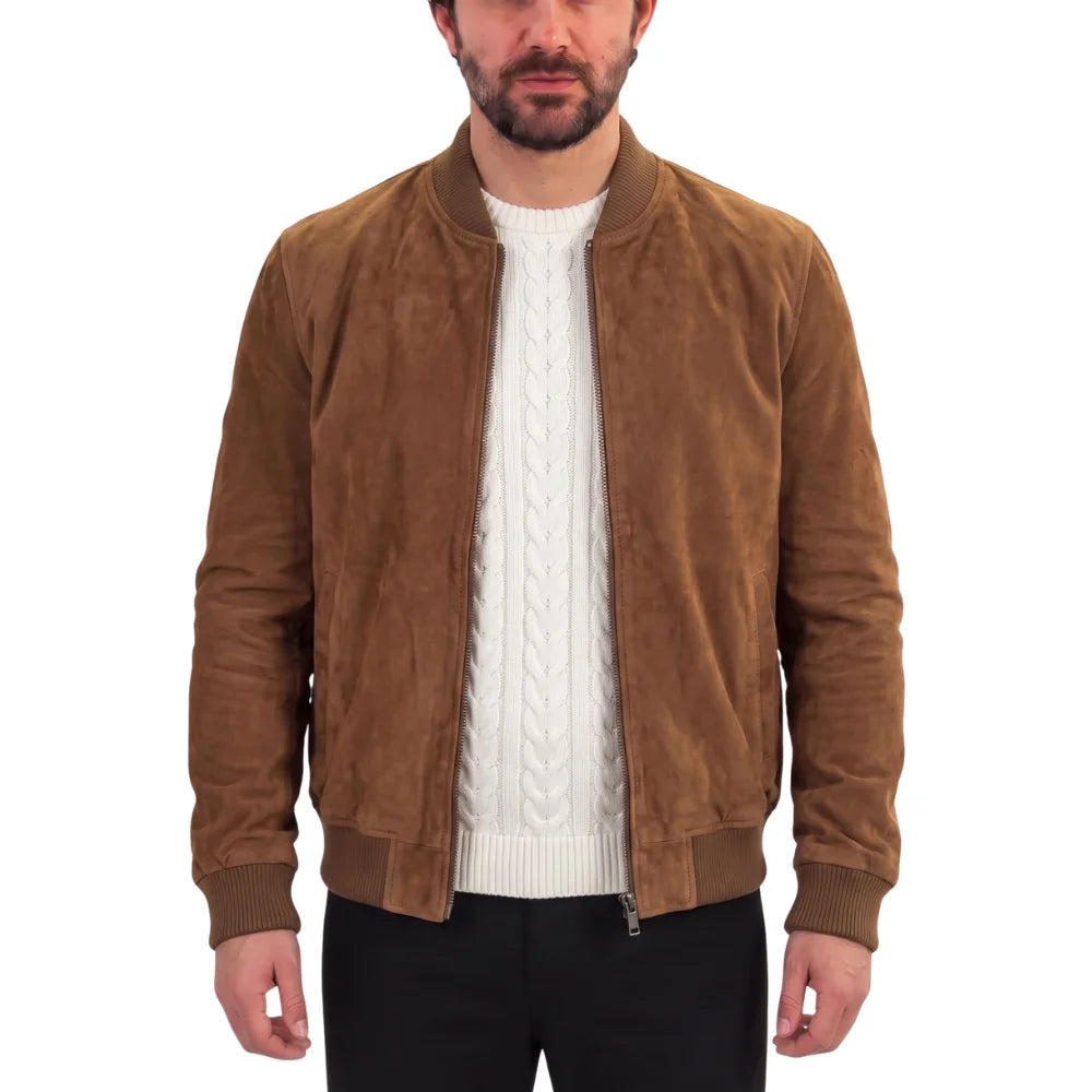 Suede bomber jacket with ribbed collar