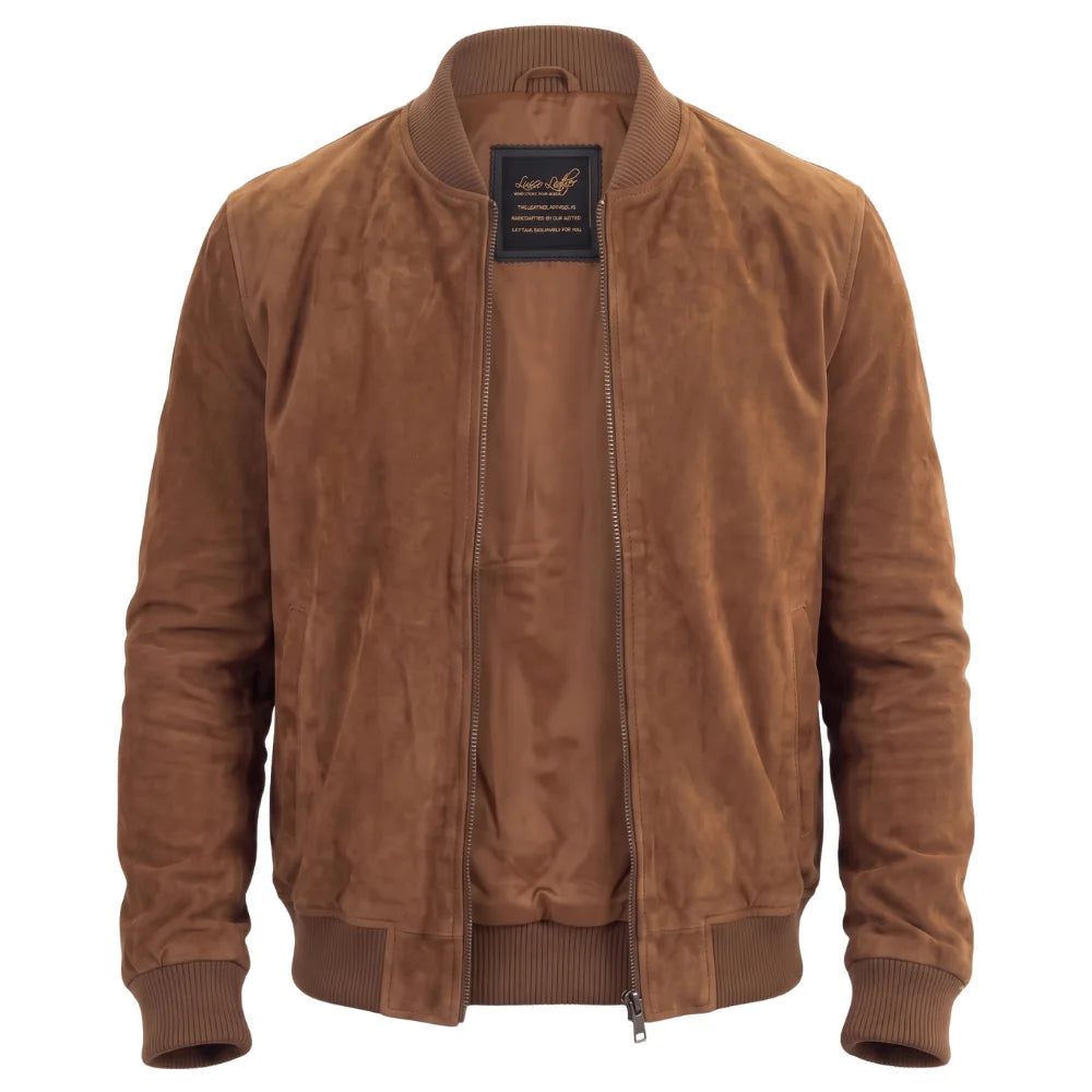 Suede bomber jacket with ribbed collar