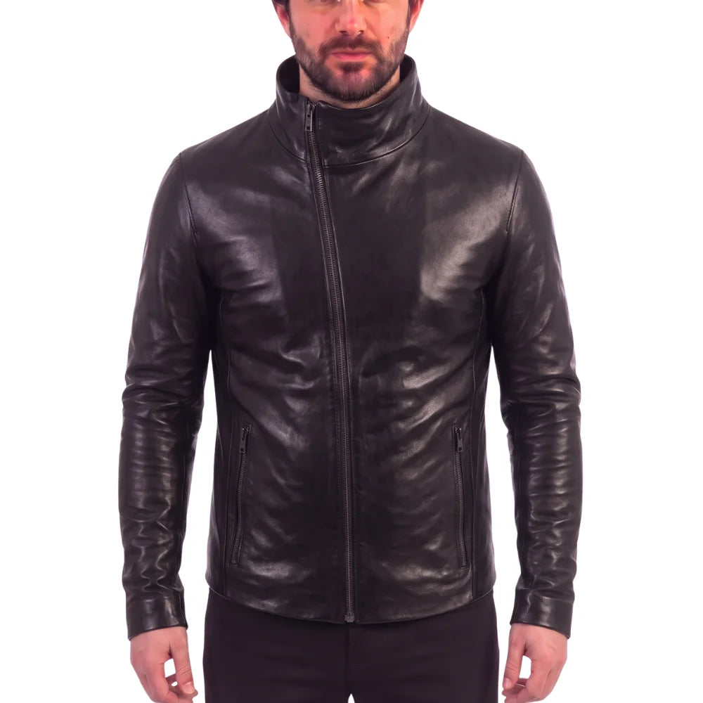 Black leather jacket with high neck pullover