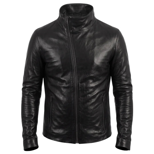 Black leather jacket with high neck pullover