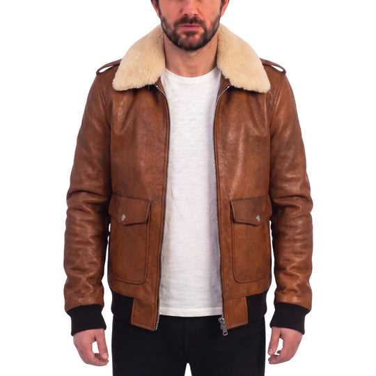 Dominic's bomber style leather jacket with fur collar
